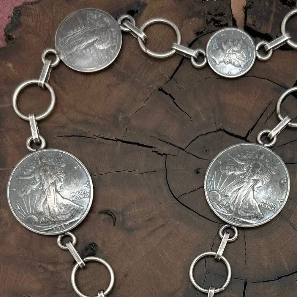 BUFFALO DANCER Taos Silver Necklace 7 Vintage Coins Peace Dollar Walking Liberty - Picture 3 of 5